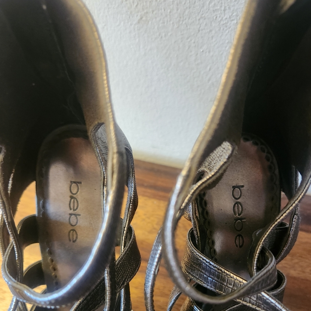 bebe | Adrianna Embossed Pewter Gladiator Heels - Picture 7 of 9